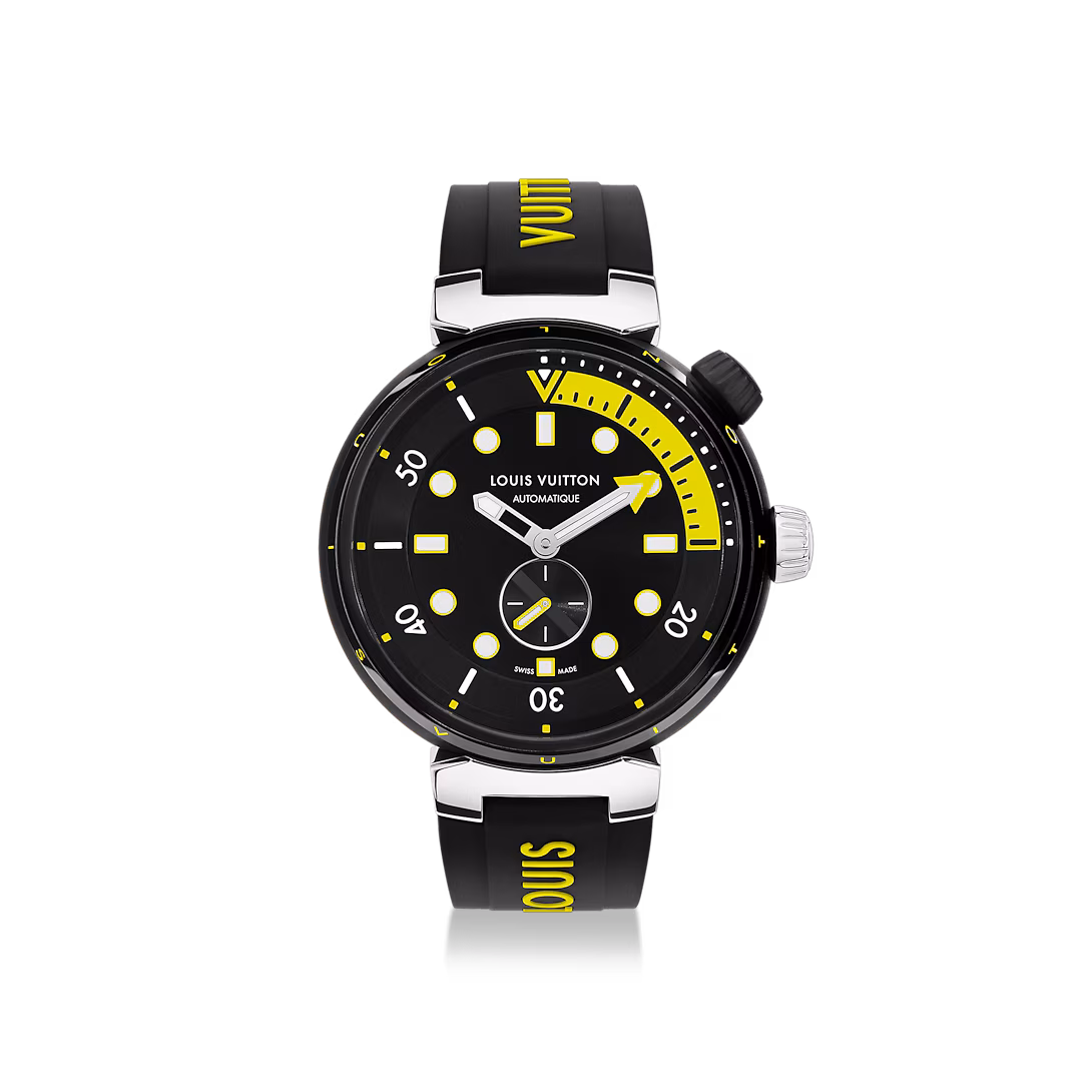 Elegante reloj negro de fiesta con detalles amarillos para ocasiones especiales